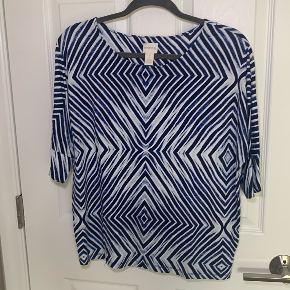 Chico's Blue and White Geometric Top size large